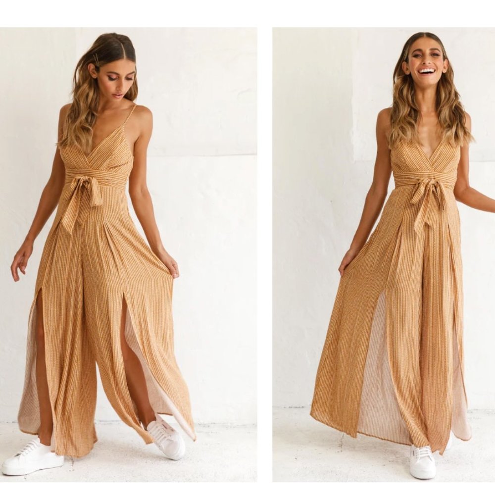 Selfie Leslie TAYLOR V-NECK SPLIT WIDE LEG JUMPSUIT STRIPE PRINT MUSTARD